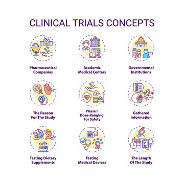 Clinical trials concept icons set. Medical research studies idea thin line RGB color illustrations. Pharmaceutical companies. Phases. Testing drugs. Vector isolated outline drawings. Editable stroke