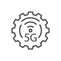 Logotipo de red inalámbrica o wifi de alta velocidad. Engranaje con texto 5G con olas con lineas de color gris