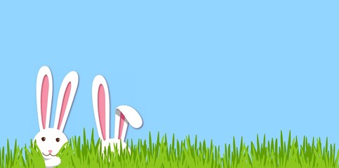 Cute banner with bunny ears and green grass. Cute sky blue background with two rabbits. Paper cut style. Template for banner, cover, landing page. 