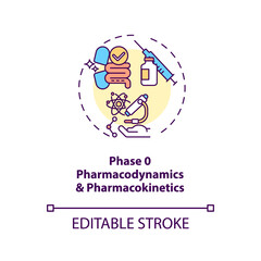 Pharmacodynamics and pharmacokinetics concept icon. Clinical trials phase 0 idea thin line illustration. Gathering preliminary data. Vector isolated outline RGB color drawing. Editable stroke