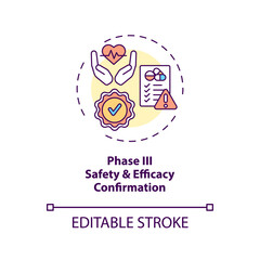 Safety and efficacy confirmation concept icon. Clinical trials phase 3 idea thin line illustration. Final stage. Monitoring adverse effects. Vector isolated outline RGB color drawing. Editable stroke