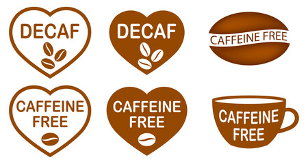 Set of caffeine free stamps. Caffeine free mug-shaped logo. Stamp or icon. Brown label. Healthy drinks. Beverage. Herbal tea. Cup.  Decaf heart-shaped logo.