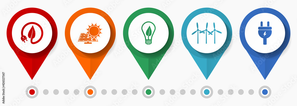 Poster renewable energy concept vector icon set, flat design pointers, infographic template