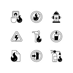Fire emergency black linear icons set. Alarm button. High voltage. Use no water. Fire blanket, extinguisher. Do not enter. Glyph contour symbols. Vector isolated outline illustrations