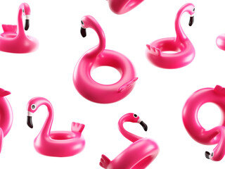 Seamless pattern with inflatable pink flamingo isolated on white background. 3D render. © iaremenko