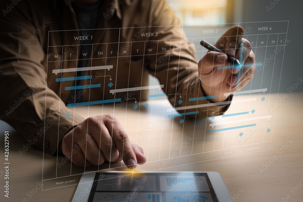 Poster businessman working project and update gantt software chart scheduling virtual diagram and progress 