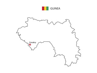 Hand draw thin black line vector of Guinea Map with capital city Conakry on white background.