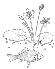 Сoloring book for children with fish, flowers and leaves, hand-drawn, black and white, doodle, sketch, vector illustration