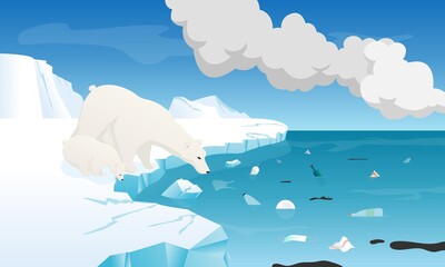 Climate emergency illustration with polar bears watching the polluted waters of the Arctic Ocean. Environmental issues. Climate emergency as a term which is used in protests against climate change
