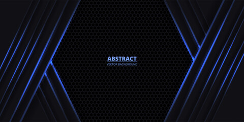 Dark abstract vector background with black hexagon carbon fiber. Futuristic background with blue luminous neon lines. Gaming sporty modern backdrop. © Biod
