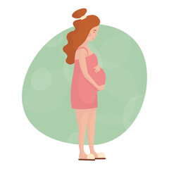 Beautiful pregnant young white woman holding her hands on her belly. Happy pregnancy, childbirth and motherhood. Cute girl smiles and rejoices. Flat illustration for design labels, banner, billboard