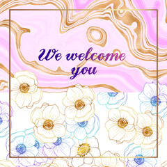 Invitation gold. With floral decoration. Marble pink background. Original design for print and web pages.