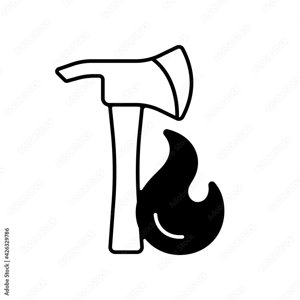 Sticker Pulaski axe linear icon. Equipment for flames extinguishing. Tool for urgent aid. Fire safety. Thin line customizable illustration. Contour symbol. Vector isolated outline drawing. Editable stroke