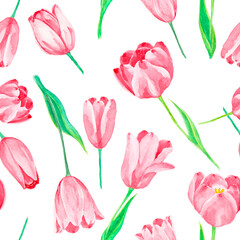 Pink petal Tulip flower seamless pattern, illustration watercolor drawing