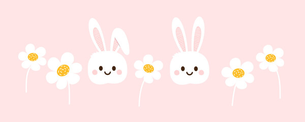 Rabbit with little daisy flower icons on pink background vector illustration. Easter day.