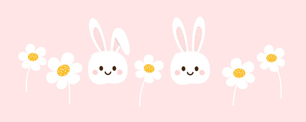 Rabbit with little daisy flower icons on pink background vector illustration. Easter day.