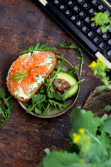 Delicioso sanduíche aberto para brunch - composto por queijo cottage, ervas, alho, abacate e salmão, fica em um prato sobre a mesa, vista de cima. 