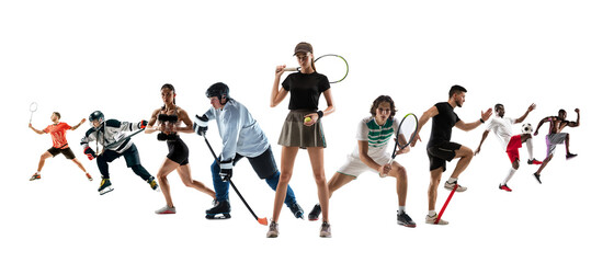 Collage of different professional sportsmen, fit people in action and motion isolated on white background. Flyer.