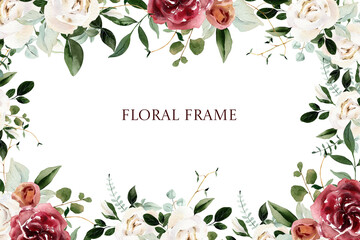 Watercolor red and white blossom floral illustration - frame, border with bright blush, red, white, pink, vivid flowers, green leaves, for wedding stationary, greeting, wallpapers, fashion, wrapping
