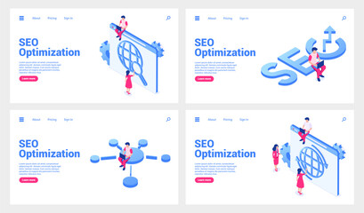 Fototapeta na wymiar A set of landing pages on the topic of search engine optimization sites.Web banner templates. Flat isometric vector illustrations isolated on white background.