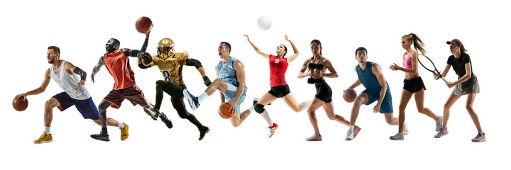 Naklejka na ściany i meble Collage of different professional sportsmen, fit people in action and motion isolated on white background. Flyer.
