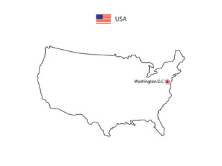 Hand draw thin black line vector of United States of America Map with capital city Washington D.C on white background.
