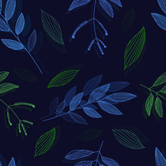 Fototapeta na wymiar Seamless vector pattern with doodle-style plants on a dark background. Perfect for printing on fabric