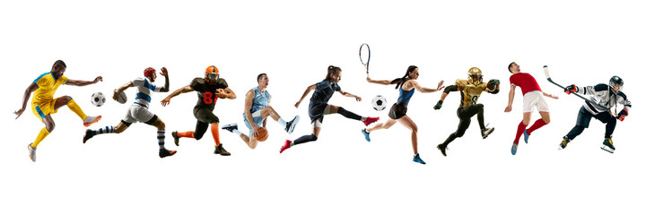 Fototapeta na wymiar Collage of different professional sportsmen, fit people in action and motion isolated on white background. Flyer.