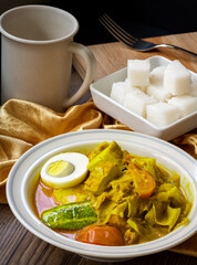 Lontong, an Indonesian dish with compressed rice cake and vegetables soup
