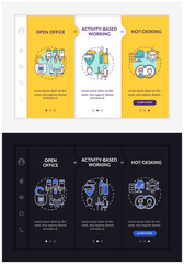 Smart office environs onboarding vector template. Responsive mobile website with icons. Web page walkthrough 3 step screens. Activity-based working night and day mode concept with linear illustrations