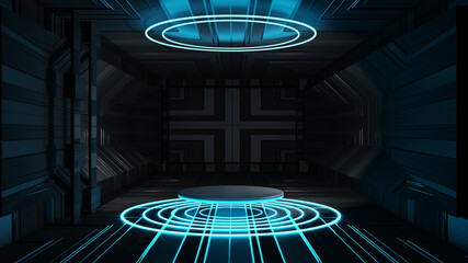 3d rendering in empty room computer digital image podium circle stage black background