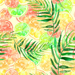 Watercolor painting, vintage seamless pattern - tropical fruits, citrus, slices of lemon, orange,  grapefruit. Tropical leaves. Palm leaf. pattern of mandarin, orange, citrus leaves