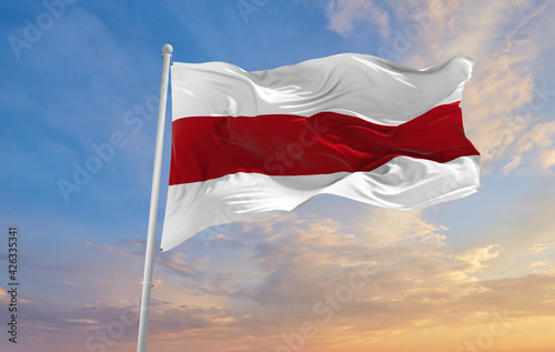 Large white red white flag of belarus waving in the wind