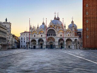 Basilica of Saint Mark and deserted San Marco Square during the crisis COVID-19