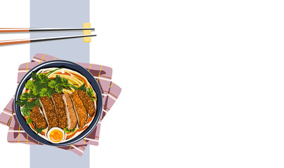 Isolated Noodles with Tonkatsu and egg. A bowl of Japanese ramen and chopsticks. Realistic vector illustration on white background. 