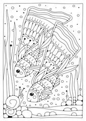 Doodle style coloring page. Fish swim in the aquarium and look at the snail. Art line. Art therapy. Illustration for coloring.