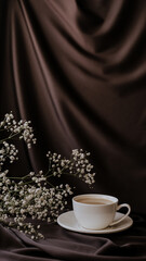 gypsophila and coffee on brown atlas background