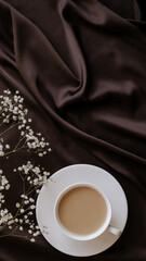 coffee wih milk, gypsophila on brown atlas background
