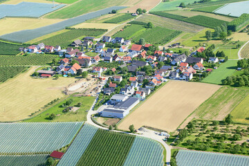 Village Unterlottenweiler  in Germany, aerial photography. There are a lot of solar panels on the roofs