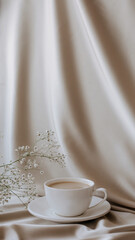 cup of coffee with gypsophila on beige atlas background
