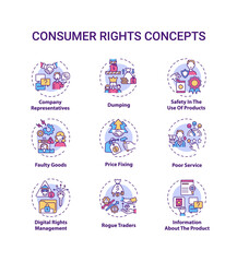 Consumer rights concept icons set. Customers protection from harm idea thin line RGB color illustrations. Safety in products use. Price fixing. Vector isolated outline drawings. Editable stroke