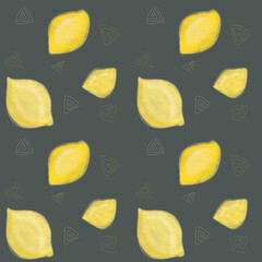 Lemons.Seamless pattern, drawing with pastel, pencil, paper texture.