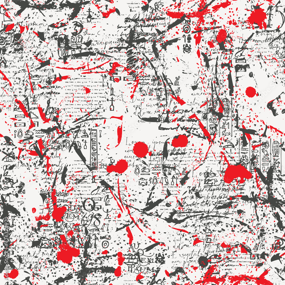 Poster Abstract seamless pattern with fragments of unreadable handwritten and printed text with black and red spots. Creative vector background in grunge style. Suitable for wallpaper, wrapping paper, fabric