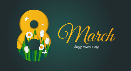 Happy Women s Day March 8 Cute card for the spring holiday. Vector illustration of a date, a women and a bouquet of flowers.