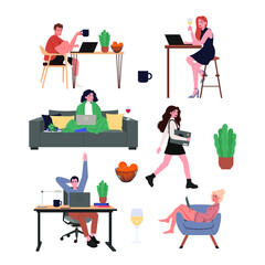 Freelance cartoon characters work in different places. They drink coffee, have breakfast, sit in an armchair and on a sofa. Work at any time of the day and on weekends - 426339913