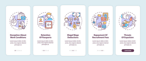 Migrant workers rights violations, abuse onboarding mobile app page screen with concepts. Work walkthrough 5 steps graphic instructions. UI, UX, GUI vector template with linear color illustrations