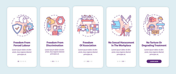 Migrant workers freedoms onboarding mobile app page screen with concepts. Immigrant rights walkthrough 5 steps graphic instructions. UI, UX, GUI vector template with linear color illustrations