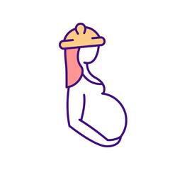 Pregnant worker RGB color icon. Expecting mother on workplace. Maternity and job balance. Safety for woman health. Motherhood while working. Isolated vector illustration