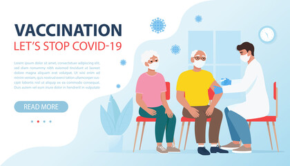 Obraz premium Vaccination against coronavirus. Doctor making Injection to elderly people. Let's stop Covid-19 concept. Vector illustration in flat style, template for banner, web page