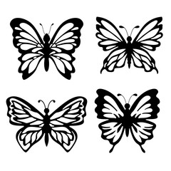 Set of four silhouettes of butterflies on a white isolated background. Simple patterns on the wings. Insect.